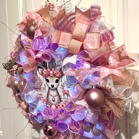 Handmade Pink Winter Floral Reindeer Holiday Ribbon Door Wreath 22 ins W82 - Picture 2 of 12